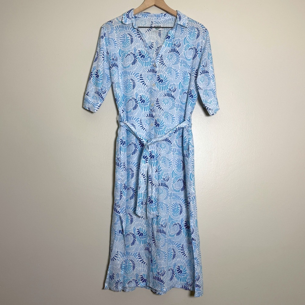 HIHO Womens 100% Linen Shirt Dress Small Blue Swirl Shell Print Belted Resort